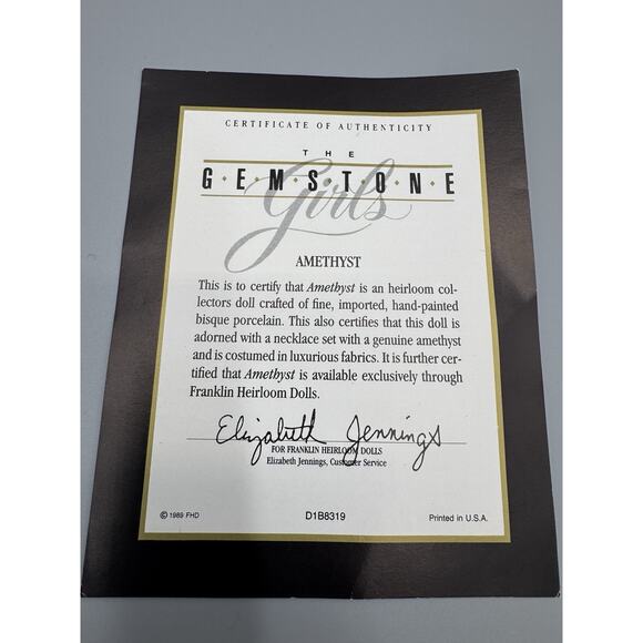 1988 Franklin Heirloom Gemstone Girl Amethyst Porcelain Doll 13” Vintage - Picture 13 of 14